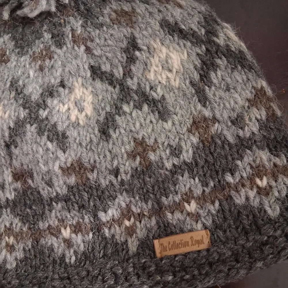 Womens Wool gray, brown, and beige knit beanie with pom pom